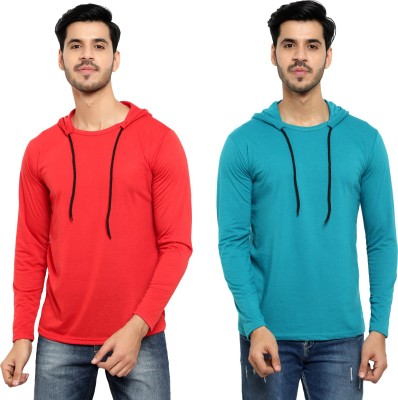 Bribzy Solid Men Hooded Neck Light Blue, Red T-Shirt