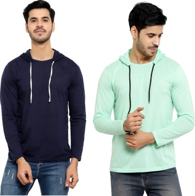 Bribzy Solid Men Hooded Neck Dark Blue, Green T-Shirt