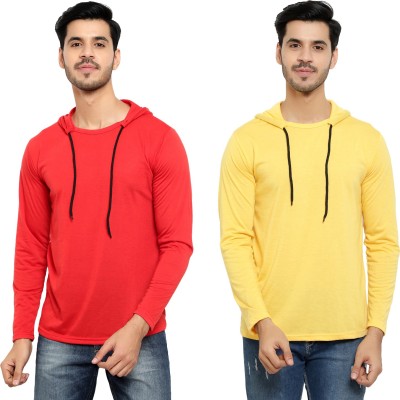 Bribzy Solid Men Hooded Neck Red, Yellow T-Shirt