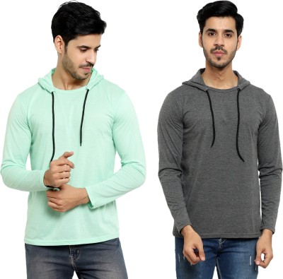 Bribzy Solid Men Hooded Neck Green, Grey T-Shirt