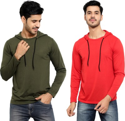 Bribzy Solid Men Hooded Neck Dark Green, Red T-Shirt