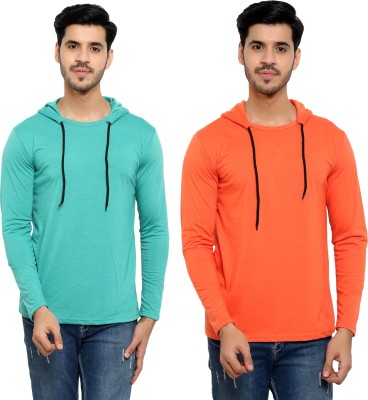 Bribzy Solid Men Hooded Neck Orange, Light Green T-Shirt