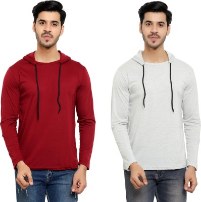 Bribzy Solid Men Hooded Neck Maroon, Grey T-Shirt