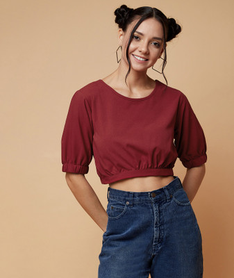 Chimpaaanzee Casual Cuffed Sleeve Solid Women Maroon Top