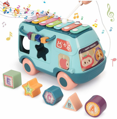 Richuzers High Quality Hai Hai Bus with Shape Sorter Blocks and Xylophone On Bus Roof Top For Infants and Toddlers