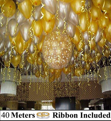 DECOR MY PARTY Solid Golden & Silver Metallic Balloons with Curling Ribbon for 1st Birthday Party Decorations , Welcome Baby Decoration , Bachelors Party , Diwali , New Year Party, Office Party , Christmas Decoration Items Balloon(Gold, Silver, Pack of 100)