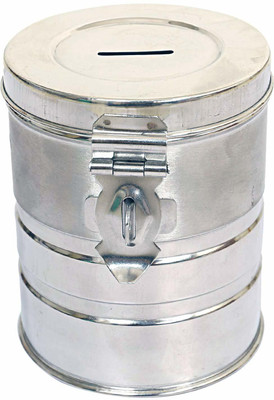 zero to infinity store Stainless Steel Coin/Money Bank Container/Piggy Bank/for Kids with A Pressing Lock Size and Round Shape (Silver) Coin Bank(Silver)