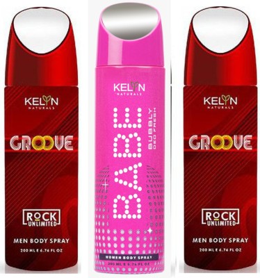 Kelyn 2GROOVE/1BABE DEO SET3 Body Spray  -  For Men & Women(600 ml, Pack of 3)