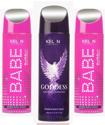 Kelyn 2BABE/1GODDESS DEO SET3 Body Spray  -  For Men & Women(600 ml, Pack of 3)