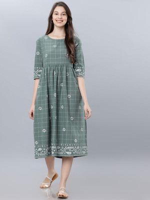 Vishudh Women Fit and Flare Grey Midi/Calf Length Dress