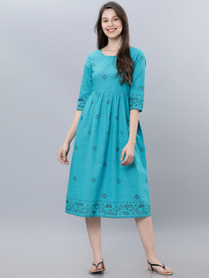 Vishudh Women Fit and Flare Multicolor Midi/Calf Length Dress