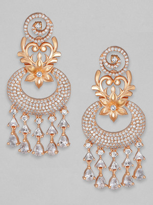 RUBANS Zircon Studded Handcrafted Rose Gold Plated Floral Drop Earrings Brass Drops & Danglers