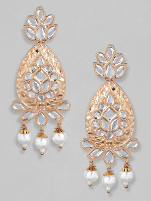 RUBANS Polki Stone Studded Handcrafted Rose Gold Plated Drop Earrings Brass Drops & Danglers