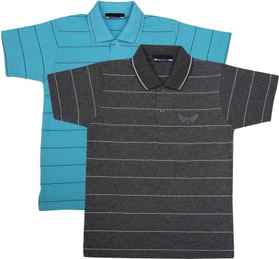 NeuVin Boys Striped Cotton Blend T Shirt(Blue, Pack of 2)