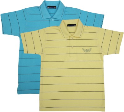 NeuVin Boys Striped Cotton Blend T Shirt(Blue, Pack of 2)