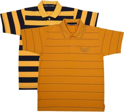 NeuVin Boys Striped Cotton Blend T Shirt(Yellow, Pack of 2)