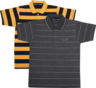 NeuVin Boys Striped Cotton Blend Regular T Shirt(Yellow, Pack of 2)