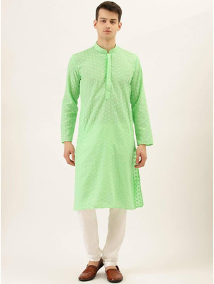Rajubhai Hargovindas Men Chikan Embroidery Straight Kurta(Green)