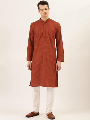 Rajubhai Hargovindas Men Chikan Embroidery Straight Kurta(Brown)