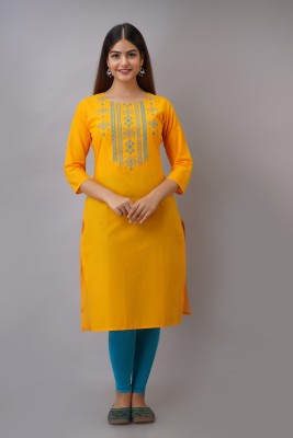 KSHARAA Women Embroidered Straight Kurta(Yellow)