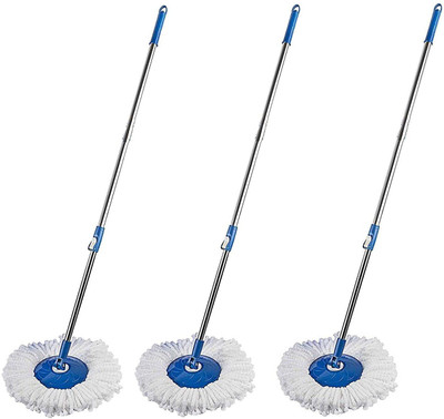 HALSEY Broom Handle Stick with Microfiber Head Mop Refill Steel Pole for 360°pack of 03 Mop Head and Rod(Blue 1.24 m)