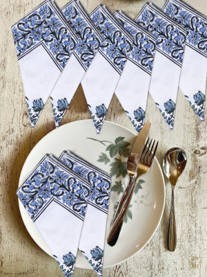 Texstylers Block Printed_napkins Blue White Cloth Napkins(8 Sheets)