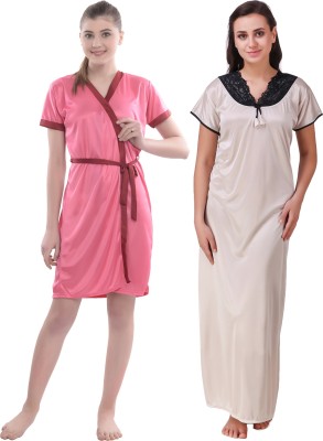 KEOTI Women Nighty with Robe(White, Pink)