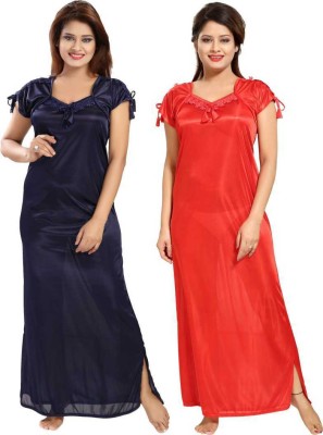 Babesa Women Nighty Set(Dark Blue, Red)