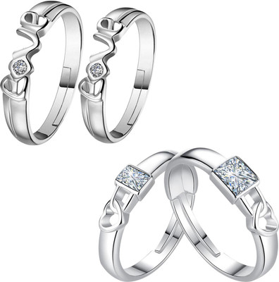 ShreejiHuf Adjustable Party Wear Couple Rings Set for lovers Silver Plated Solitaire for Men and Women 2 Pair Alloy Ring Set