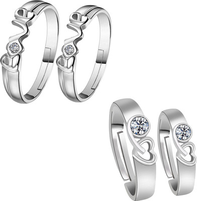 ShreejiHuf Stylish Adjustable Couple Rings Set for lovers Silver Plated Solitaire for Men and Women 2 Pair Alloy Ring Set