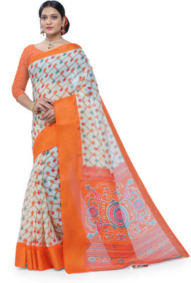 Classy Foriever Printed Ikkat Cotton Blend Saree(Orange)