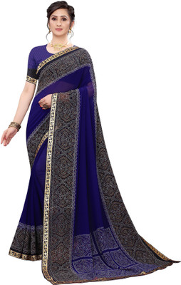 Ratnavati Printed Bandhani Georgette Saree(Dark Blue, Blue)