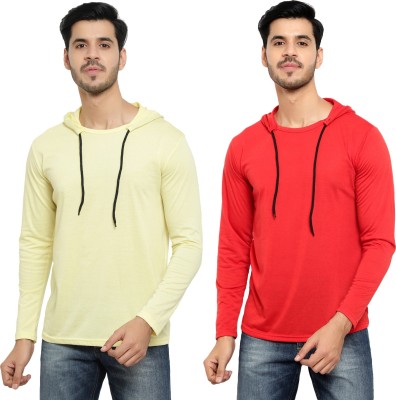 Bribzy Solid Men Hooded Neck Red, Yellow T-Shirt