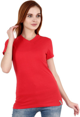 SHELLOCKS Solid Women V Neck Red T-Shirt