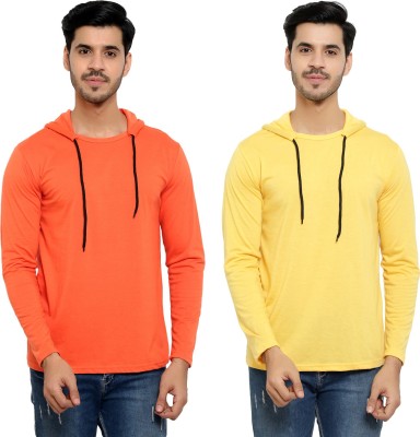 Bribzy Solid Men Hooded Neck Orange, Yellow T-Shirt