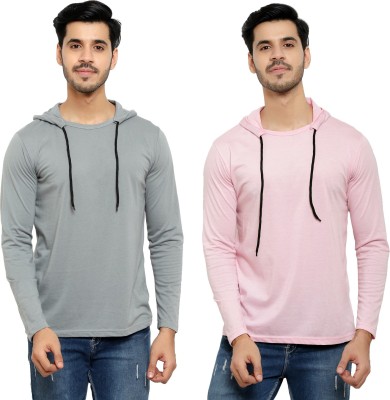 Bribzy Solid Men Hooded Neck Silver, Pink T-Shirt