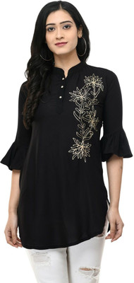 SAAKAA Casual 3/4 Sleeve Embroidered Women Black Top