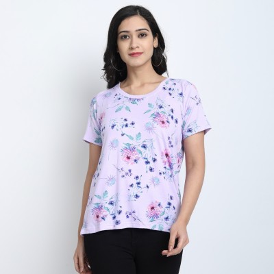 ClosetAura Printed Women Round Neck Purple T-Shirt