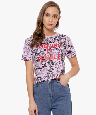 CAMPUS SUTRA Graphic Print, Solid Women Round Neck Purple T-Shirt