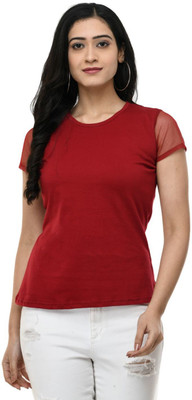 SAAKAA Casual Short Sleeve Solid Women Maroon Top
