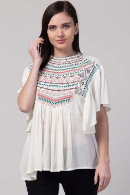 MEETNEX Casual Short Sleeve Embroidered Women White Top