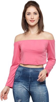 N-gal Casual 3/4 Sleeve Solid Women Pink Top