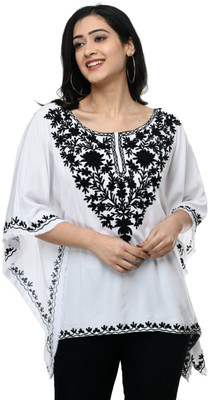SAAKAA Casual 3/4 Sleeve Embroidered Women White Top