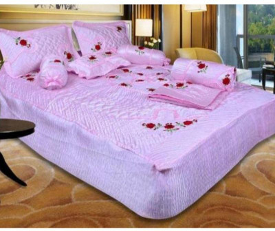 Rajasthan handicraft center Satin King Sized Bedding Set(Pink, 1 Double ac comforter 1 double bedsheet 2 pillow cover 2 filled bllosters 2 filled cushions)