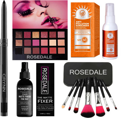 Crynn Smudge Proof Essential Makeup HD14 Beauty Kajal & Professional Set of 7 Makeup Brush & Rose Gold New York Edition Eyeshadow Palette & The Matte Fixer Face Spray & Anti Pollution SPF 50+ Sunscreen(11 Items in the set) Crynn Smudge Proof Essential Makeup HD14 Beauty Kajal & Professional Set of 7 Makeup Brush & Rose Gold New York Edition Eyeshadow Palette & The Matte Fixer Face Spray & Anti Pollution SPF 50+ Sunscreen(11 Items in the set)