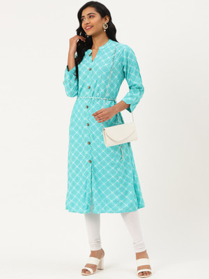 Blissta Women Printed Frontslit Kurta(Green)