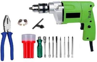 Voltron Tiger 10mm drill Machine, Plier, 9 pcs Screwdriver Power & Hand Tool Kit(5 Tools)