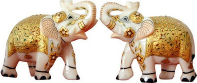 Pooja Creation Marble Pair Elephant With Beautiful Design And Lots Of Color Decorative Showpiece  -  5 cm(Stone, White)