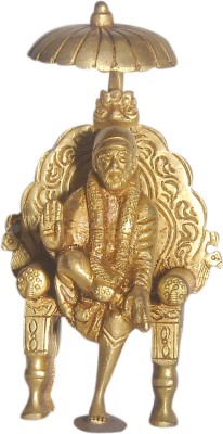 Elite Statues Brass Blessing Saibaba with Chair and Chatra in Fine Carving Work for Happiness , Health , Wealth at Home & Office , Handcrafted with Antique Look, Decorative Showpiece  -  10 cm(Brass, Gold)