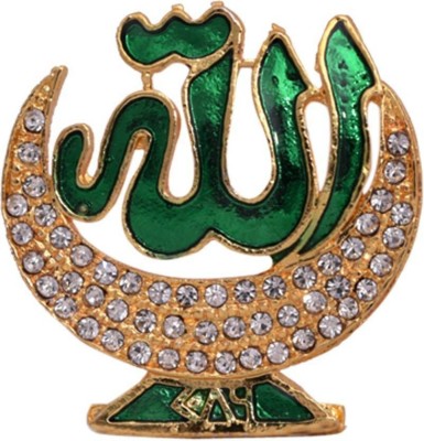 Xudo Gold Plated With Stone Allah Sign Handicraft Statue Car Dashboard Idol & Decorative Spritual Vastu - Muslim Religious Ibadat Gift Item / Home Decor / Office / Study Table Decorative Showpiece Decorative Showpiece  -  5 cm(Gold Plated, Green)